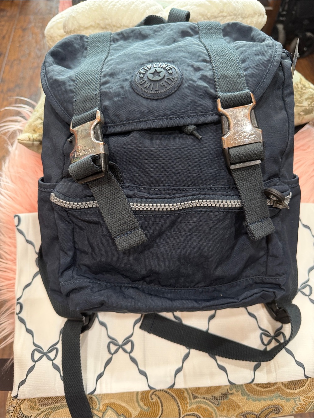 Kipling Dark Navy Buckle Backpack with Front Zip Pocket